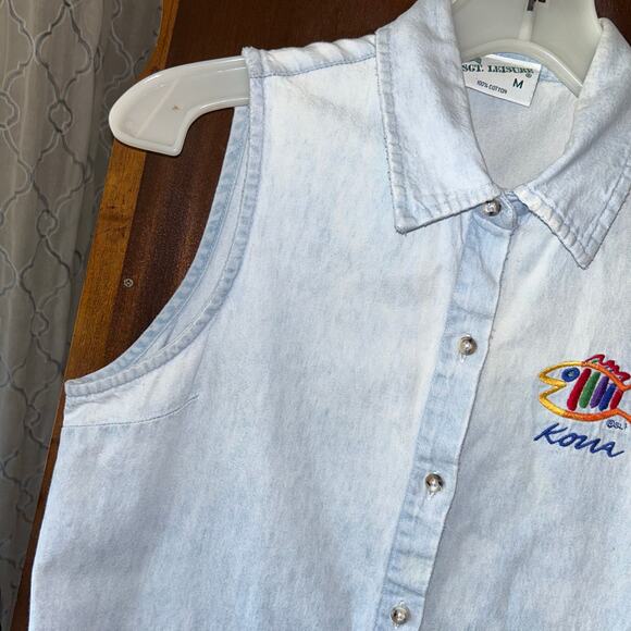 Vintage SGT. Leisure Embroidered Kona Sleeveless Denim Shirt Top USA medium - Picture 3 of 9